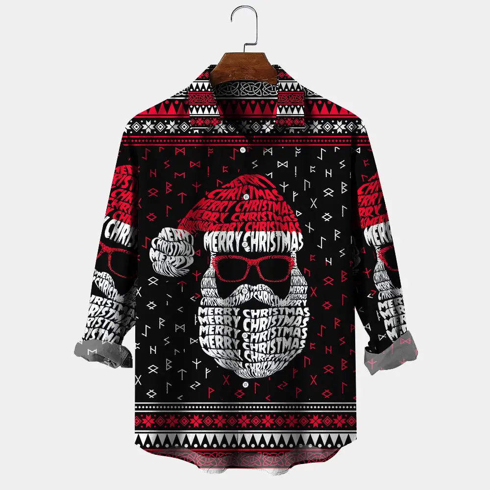 Hawaiian Christmas Snowman Men's Shirts Long Sleeve 3D Graphic Santa Claus Tree Fashion Tops Party Holiday Oversized Clothing