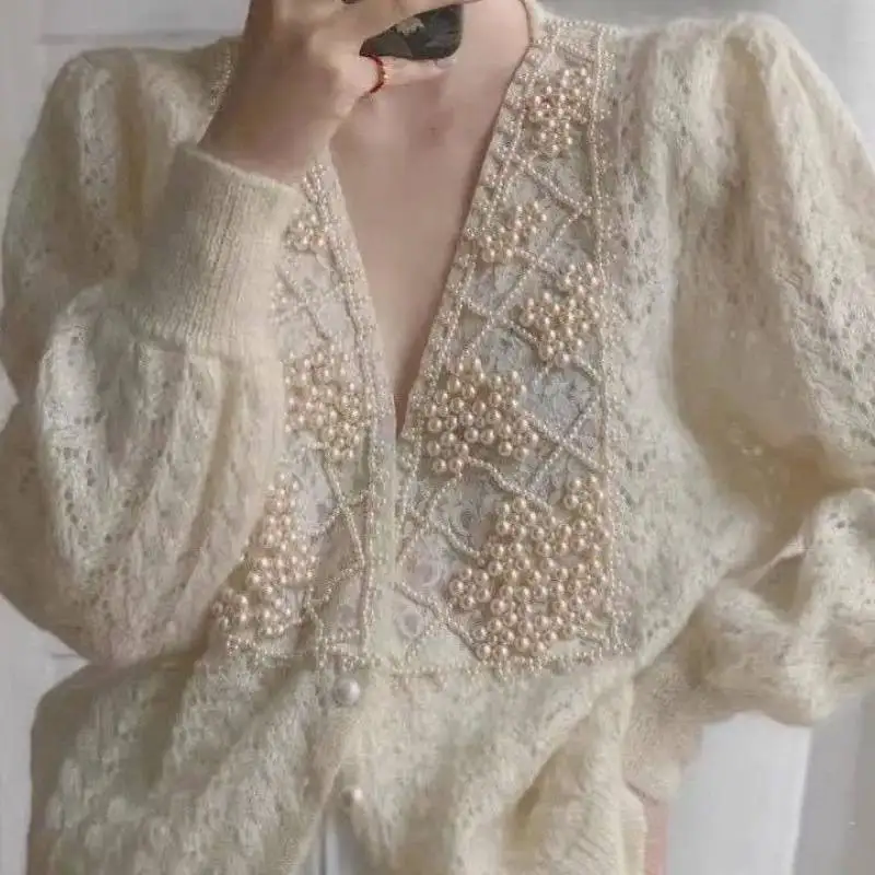 

Women Lace Cardigan Sweater Coat Luxury Pearl Embellished Openwork Knitwear French Terry Construction Runway-Inspired Outerwear
