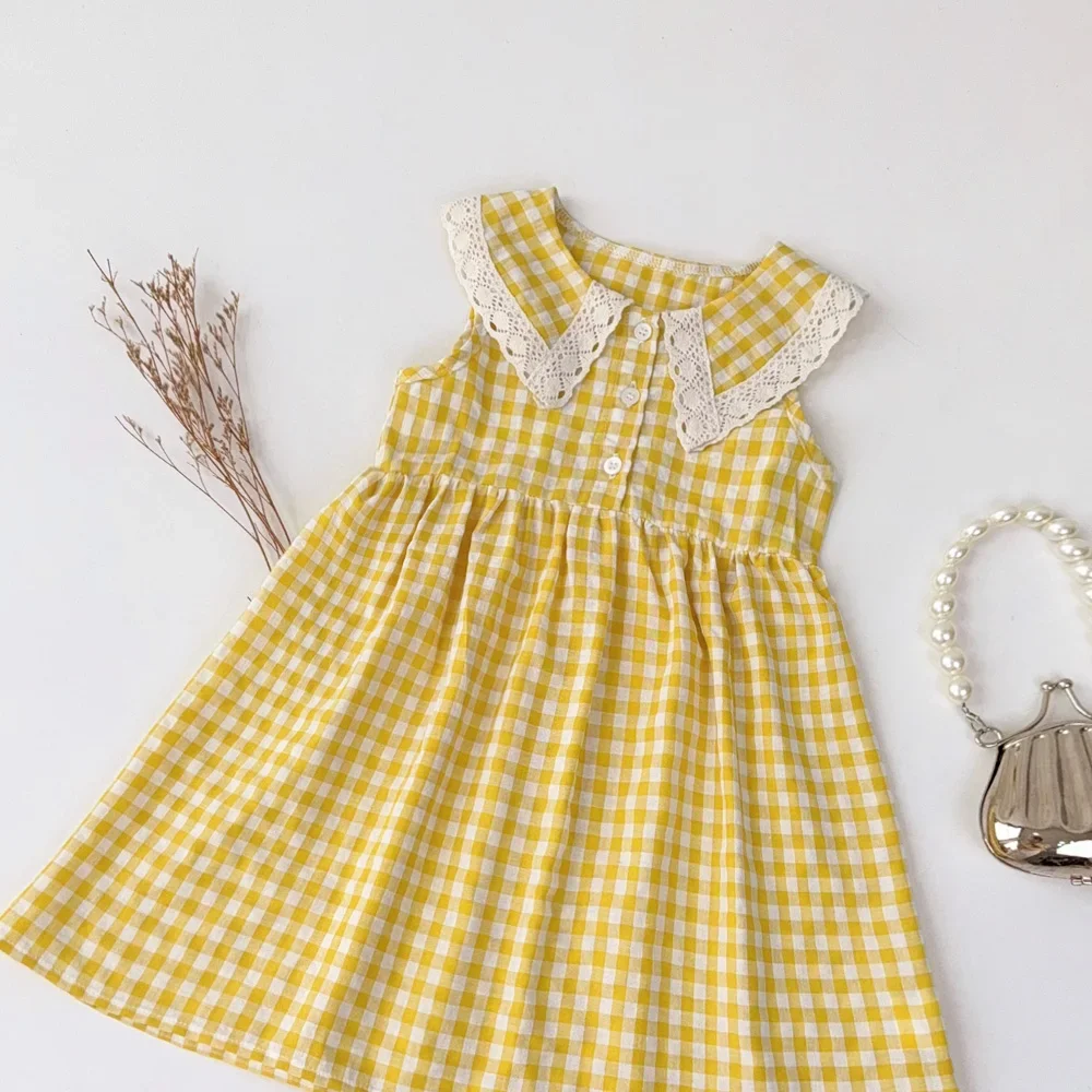 Casual Landschaft Stil Sommer Neue Spitze Revers Ärmelloses Plaid Kleid für Mädchen Süße Kleidung Koreanische Version – Detail 6