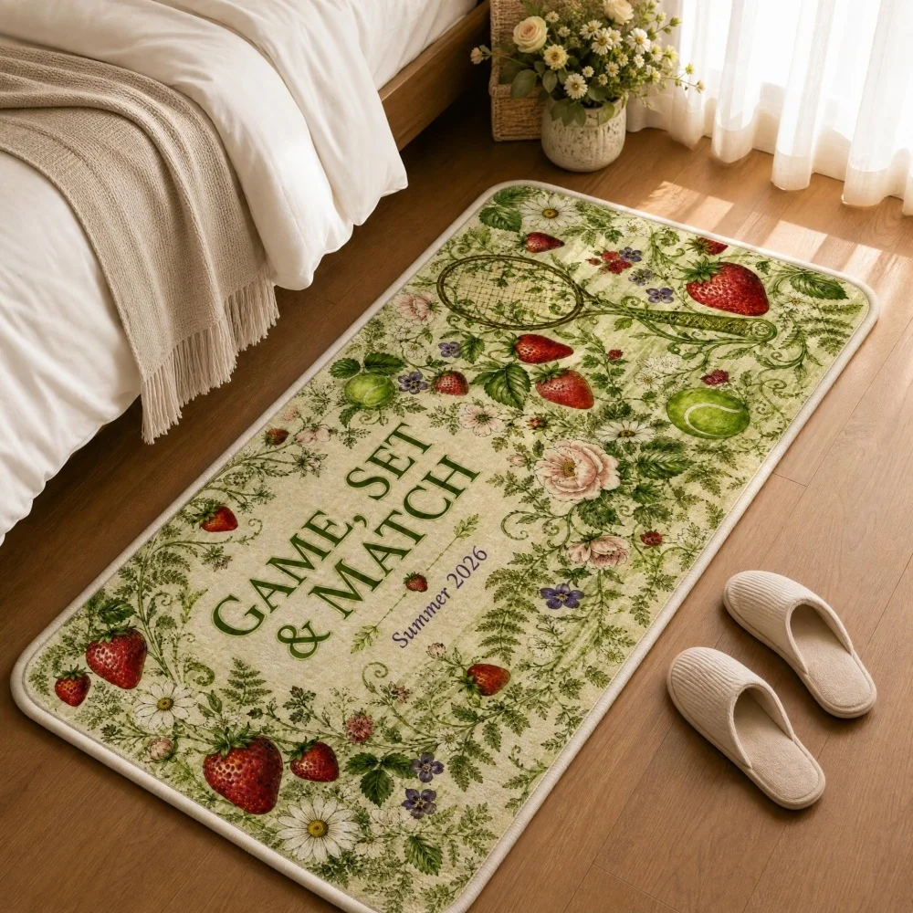 Cottagecore Floral Strawberry Flannel Runner Rug, Retro Tennis Botanical Long Floor Mat, Non Slip Bedroom Farmhouse Decor Rug