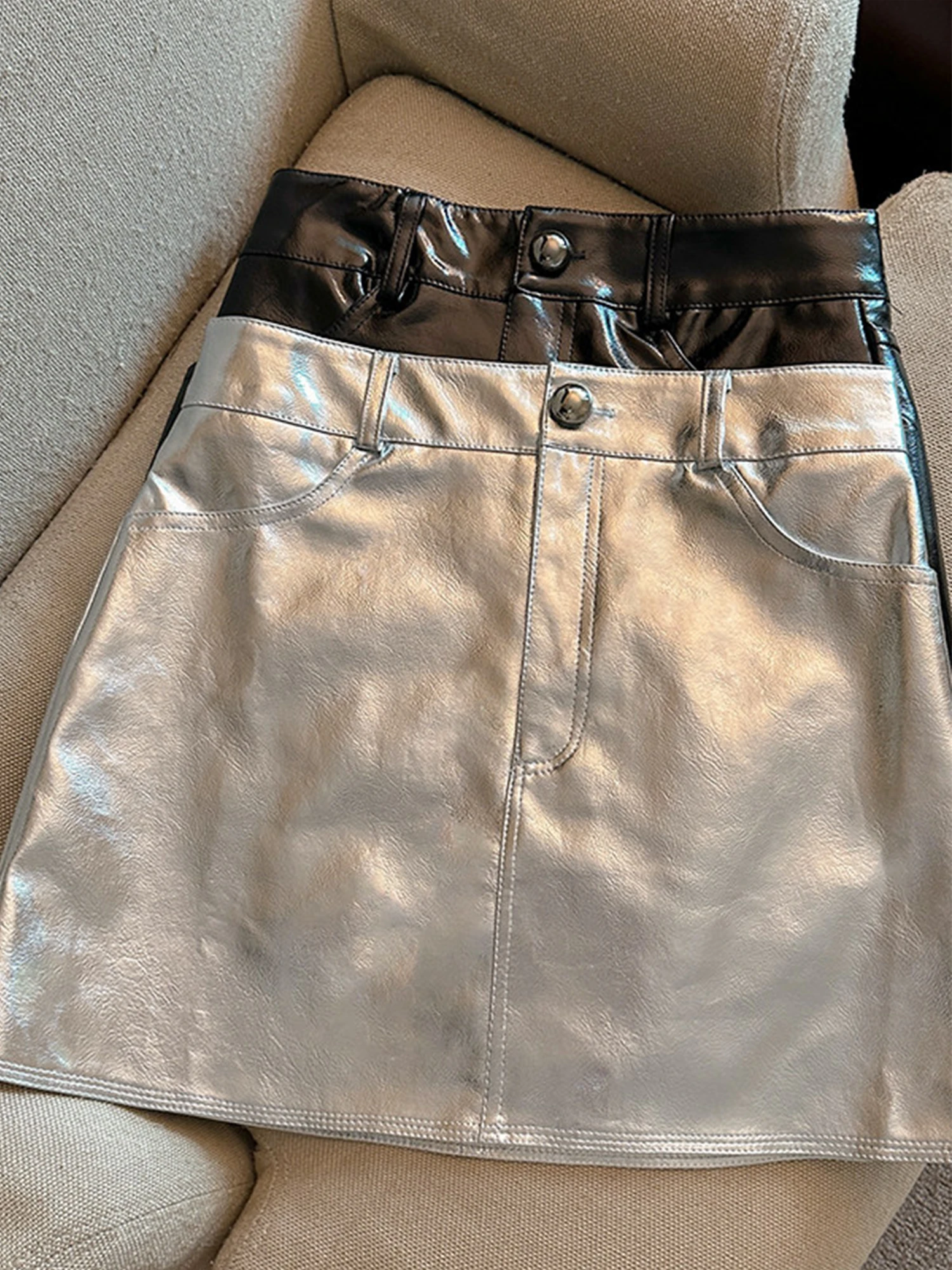 

Женская серебряная мини-юбка с запахом, винтажная кожаная юбка трапециевидной формы, Harajuku, корейский стиль, Y2k, короткая юбка с высокой талией, весна-лето 2000-х годов