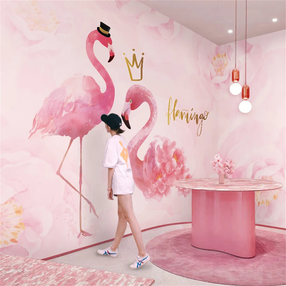 custom Pink flamingo wallpaper nail shop mural cake shop clothing store wall cloth bedside background wall paper for living room