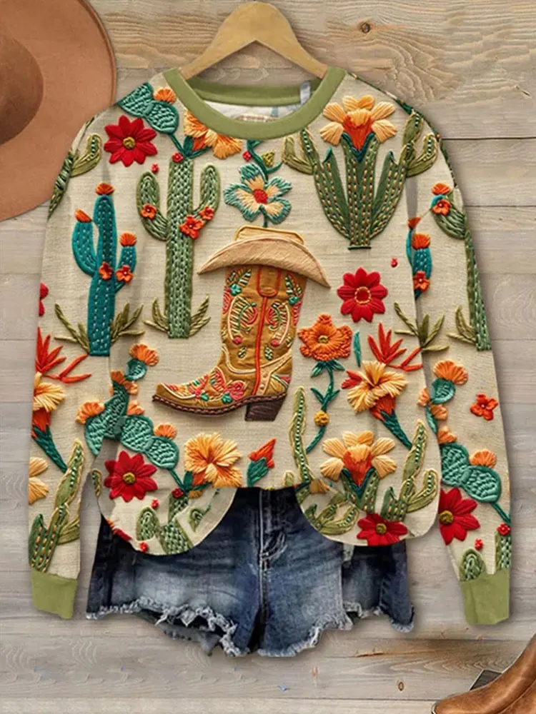 Vintage Western Boots Floral Art Printed Sweatshirt