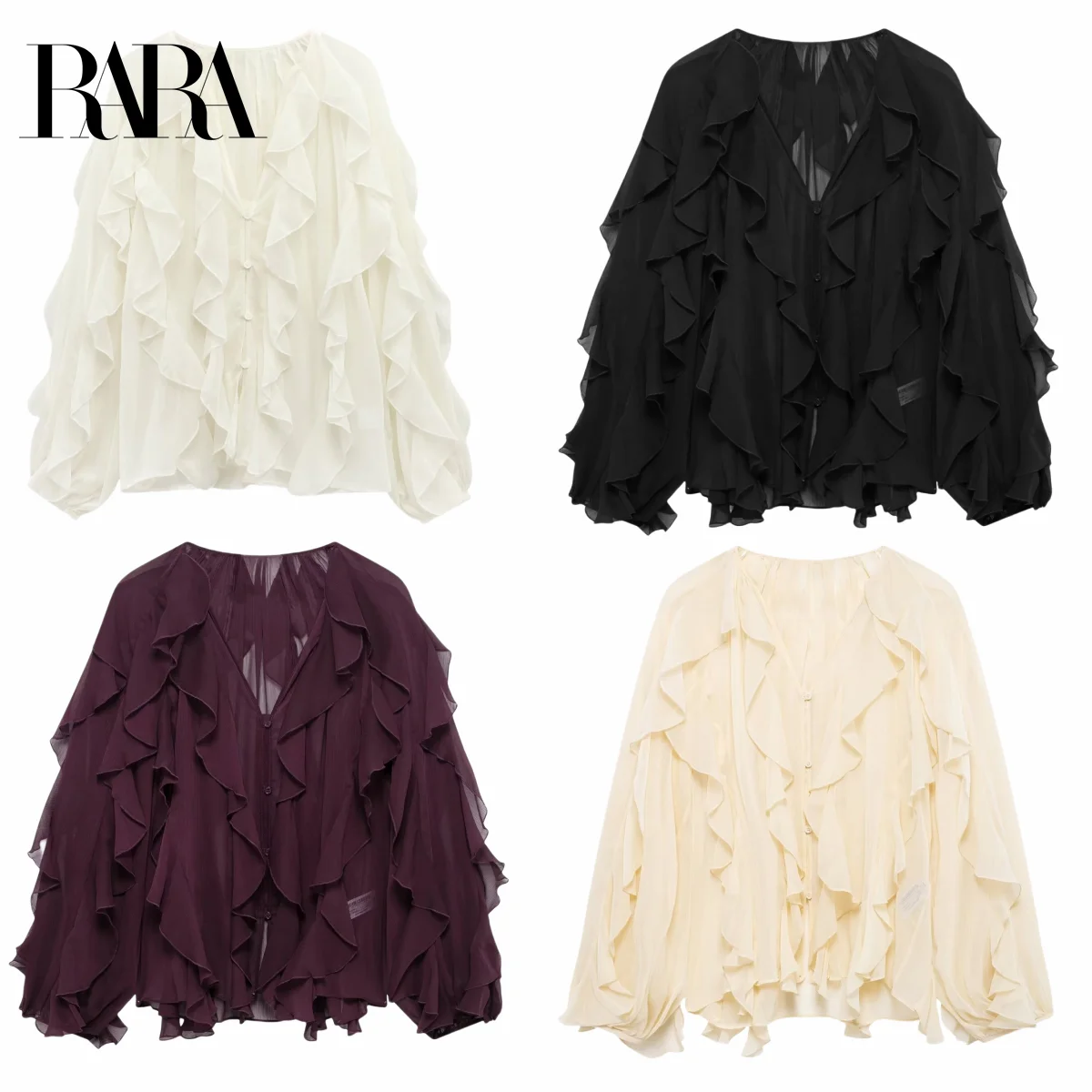 

RARA Womens Layered Decor V Neck Blouse Stylish Ruffled Design Loose Fit Long Sleeve Button Detail Ladies Fashion Top