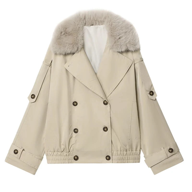 HXAO Vrouwen Jas Windscherm Jassen Demi-Seizoen Nepbontjas Lange Mouw Bomberjacks Double Breasted Crop Grote Maat Bovenkleding