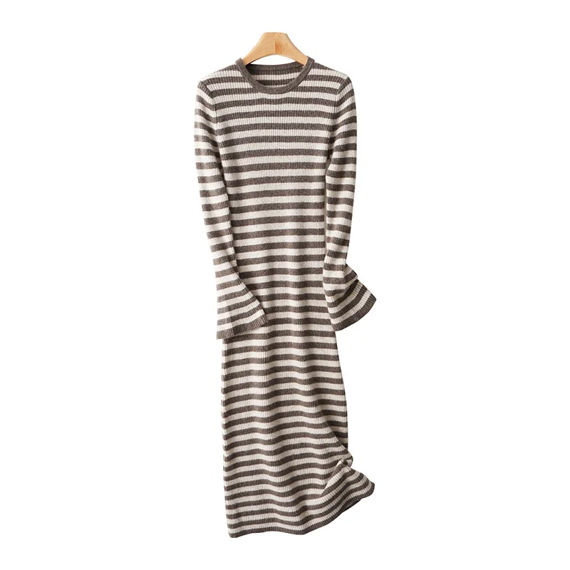 100% Wool Women's Crew Neck Striped Flared Sleeve Maxi Dress, Autumn Winter Slim Fit Knitted Wool Long Dress