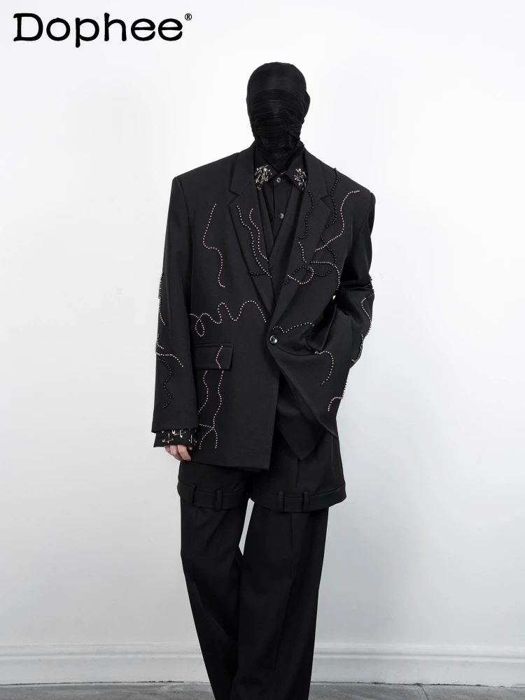 

Men's 2025 Autumn Winter New Stylish 2pcs Pearl High-End Suit Jackets Men's Loose Trendy Blazers Suit Pants Chic Two-Piece Sets