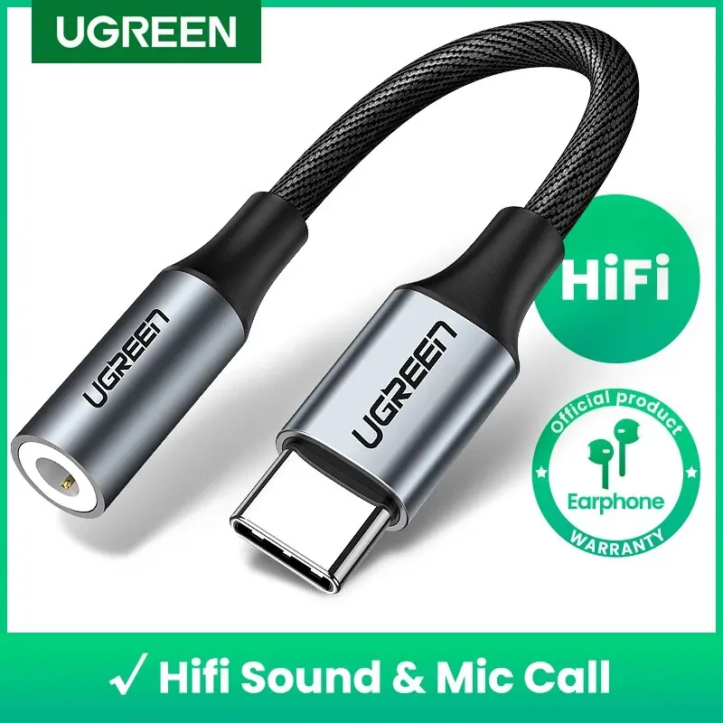 UGREEN USB 타입 C-3.5mm 이어폰 USB C 케이블 USB C-3.5 헤드폰 어댑터 오디오 케이블 샤오미 미10 화웨이 P30 원플러스 9용