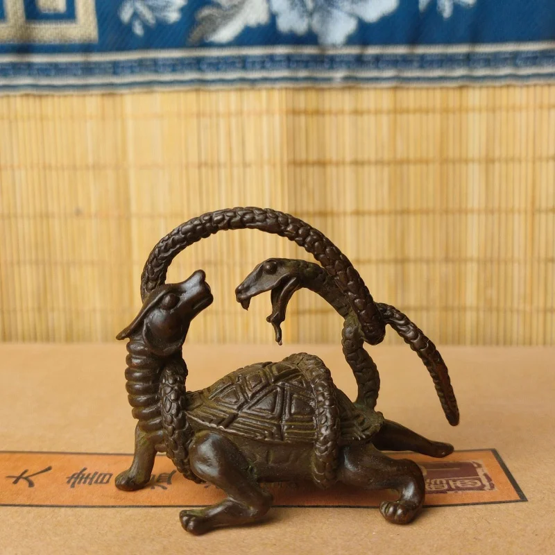 Vintage Antique Copper Xuanwu Ornaments Retro Crafts Dragon Turtle and Snake Four Great Beasts Xuanwu Tea Ornaments Table-Top De