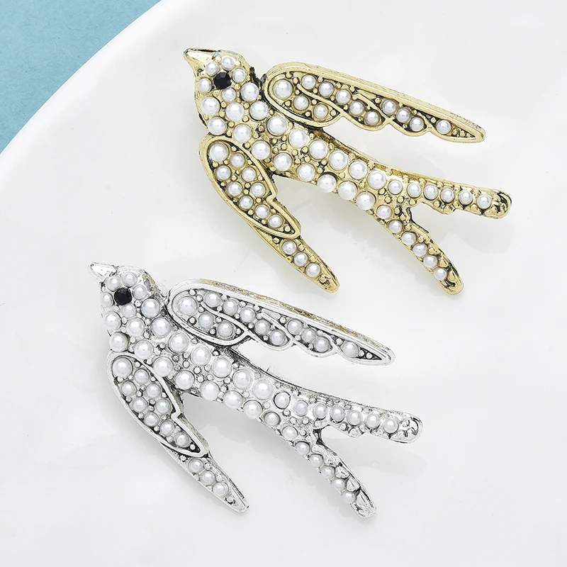 Wuli&baby Vintage Pearl Swallow Brooches For Women Unisex 2-color Lovely Flying Bird Party Casual Brooch Pins Gifts