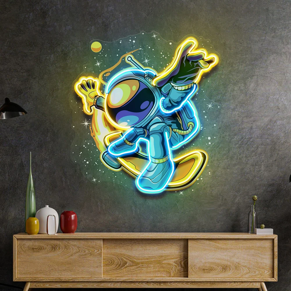 Astronaut Skateboarding LED Neon Sign Light for Bedroom Kids Room Wall Decor Neon Lights Personalized Custom Spaceman Neon Signs