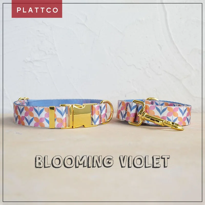 PLATTCO unique design dog set print Blooming Violet pattern and high-quality gold buckle 5 size PDC354YG&PDL354YG