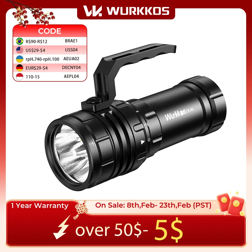 

Wurkkos DL46 Professional Scuba Diving Flashlight IPX8 46950 Battery Super Bright 20000LM USB Reverse Charge 6 * XHP50.2
