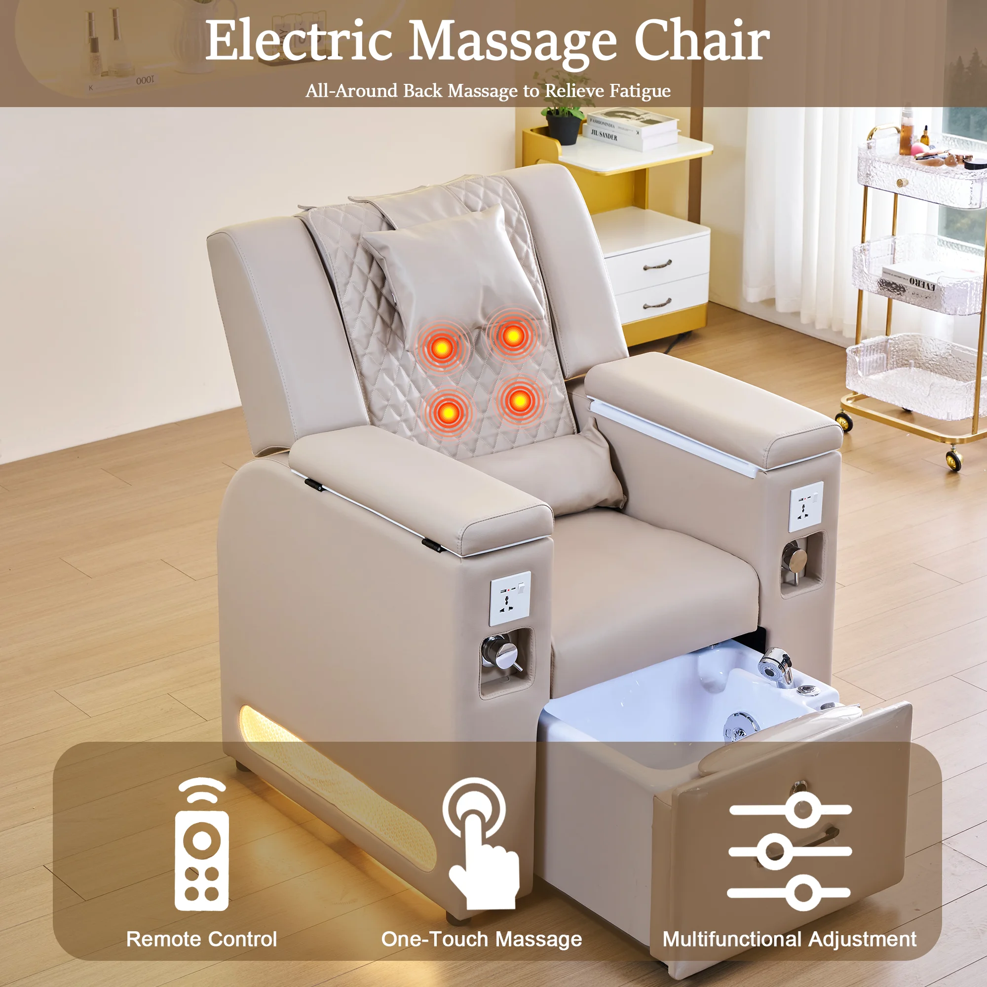 Electric Pedicure Chair Foot Spa Chair Luxury Quilted Leather Reclining Nail Salon Manicure Chair with USB Port Remote Control