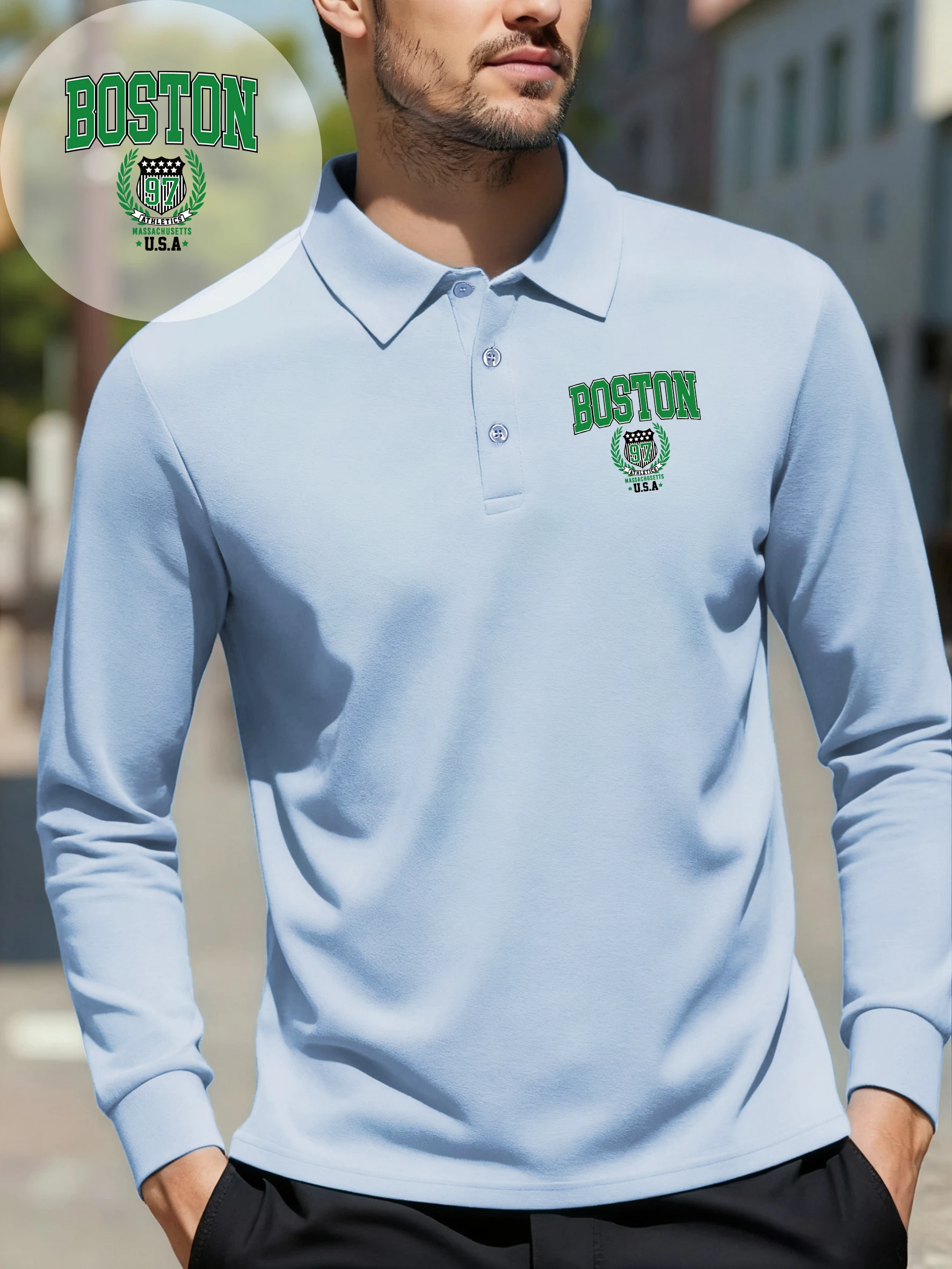 Usa Boston 97 Print Revers Polo Shirts For Men Autumn Retro Clothing Soft Casual Fashion Top Unisex All-Match Basics Long Sleeve