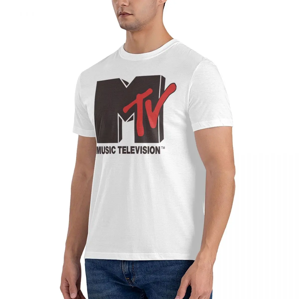 Men T-Shirt Television Tonal Bold Logo Funny Cotton Tee Shirt Short Sleeve Mtv Music T Shirts Crewneck Tops Graphic