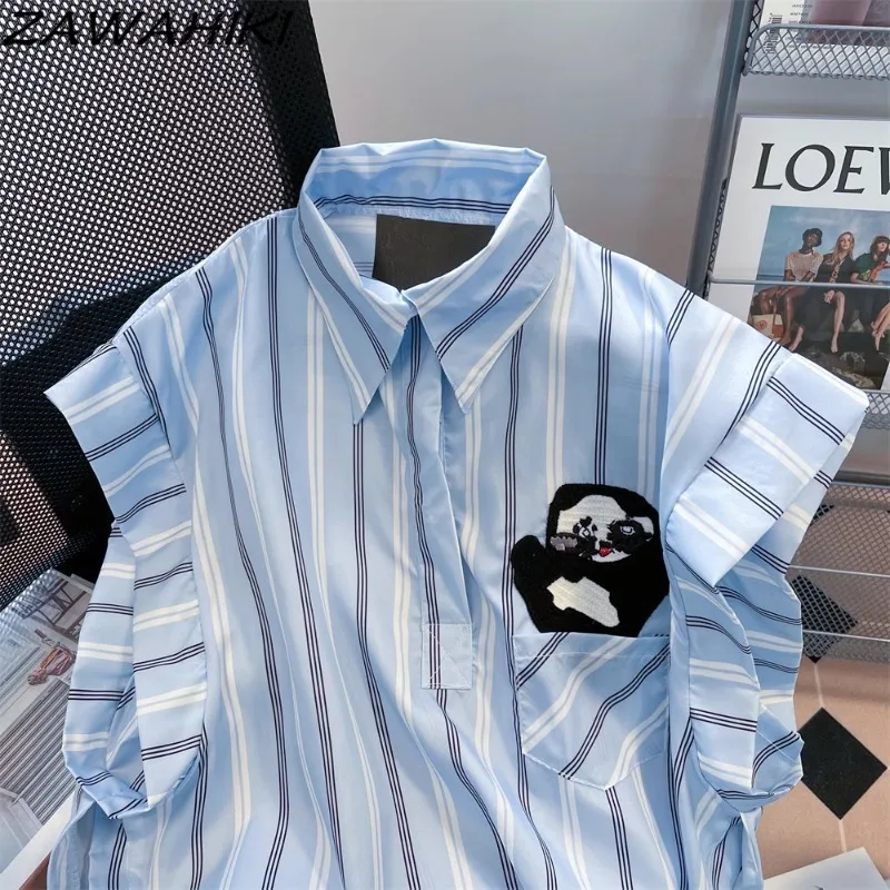 Top Female Japanese Kawaii Women's T-shirts Striped Sleeveless Embroidery Ropa Mujer Pockets Button Office Lady Women Clothing