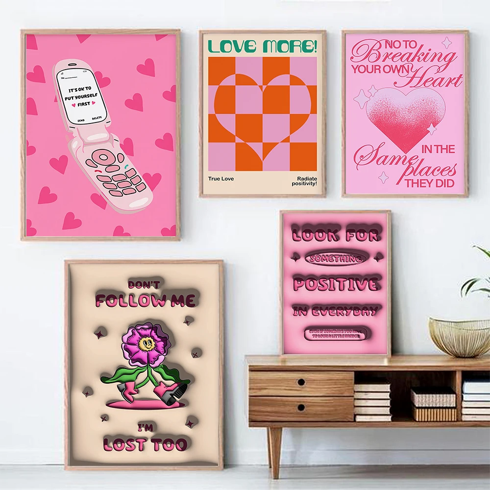 Put Yourself First Y2K Poster Retro Wall Art Decor Illustration Heart Break Trendy Prints Love More Quote Funny Canvas Painting