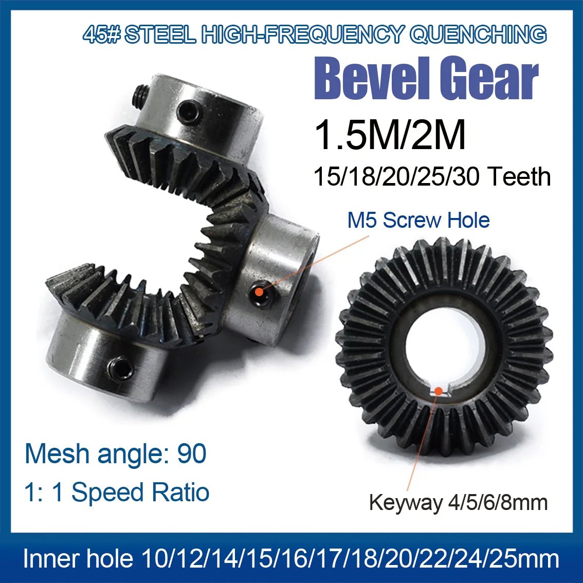 1Pcs 1.5M 2M Quenching Bevel Gear Inner Hole10/12/14/16/17/18/20/22/24/25mm 90 Degree Transmission Keyway4/5/6/8mm M5 Screw Hole