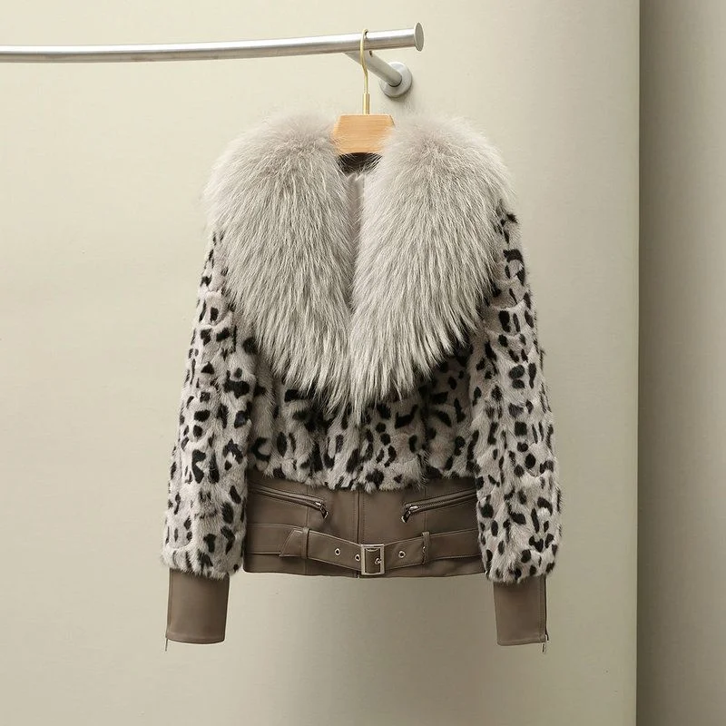 Blogger-Favored Faux Fur Leopard Print Jacket with Collar Cotton Blend Fashionable All-In-One Mink Imitation Coat