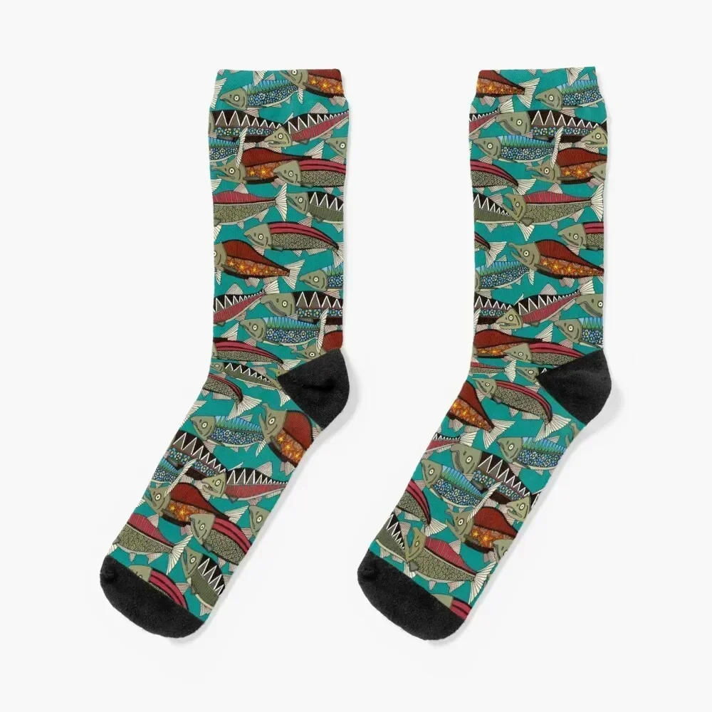 

Alaskan salmon teal Socks happy halloween hiking luxe Women Socks Men's