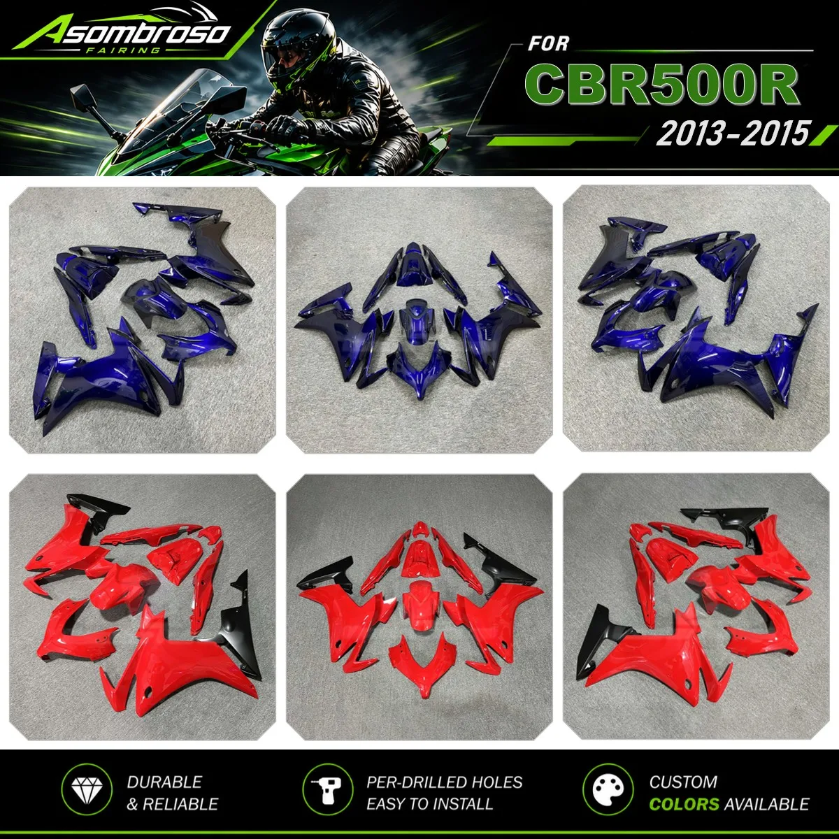 Aftermarket Injection Fairings For Honda CBR500R 2013-2015 Motorbike Full Body Work Cowl Panels Kits | Glossy Red & Purple