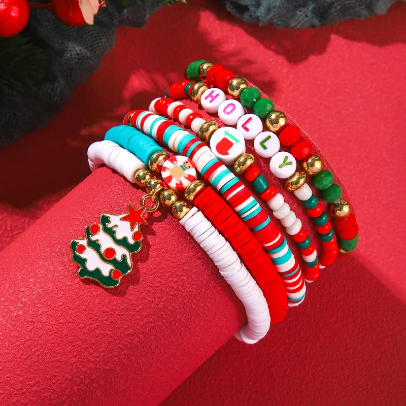 Merry Christmas Multilayer Beaded Bracelet For Women Christmas Tree Santa Claus Snowman Letter Beads Bangle New Year Jewelry