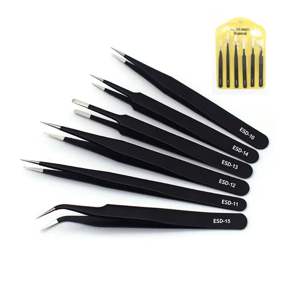 6PCS Precision Tweezers Set Upgraded Anti-Static Stainless Steel Curved Tweezers for Electronics Laboratory Work Jewelry