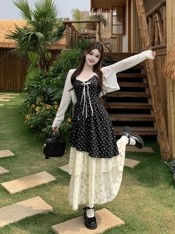 

plus Size Floral Lace Trim Knot Strap Dress Women's Summer New Waist Cinched A-Line Skirt Korean Style Commute Wind
