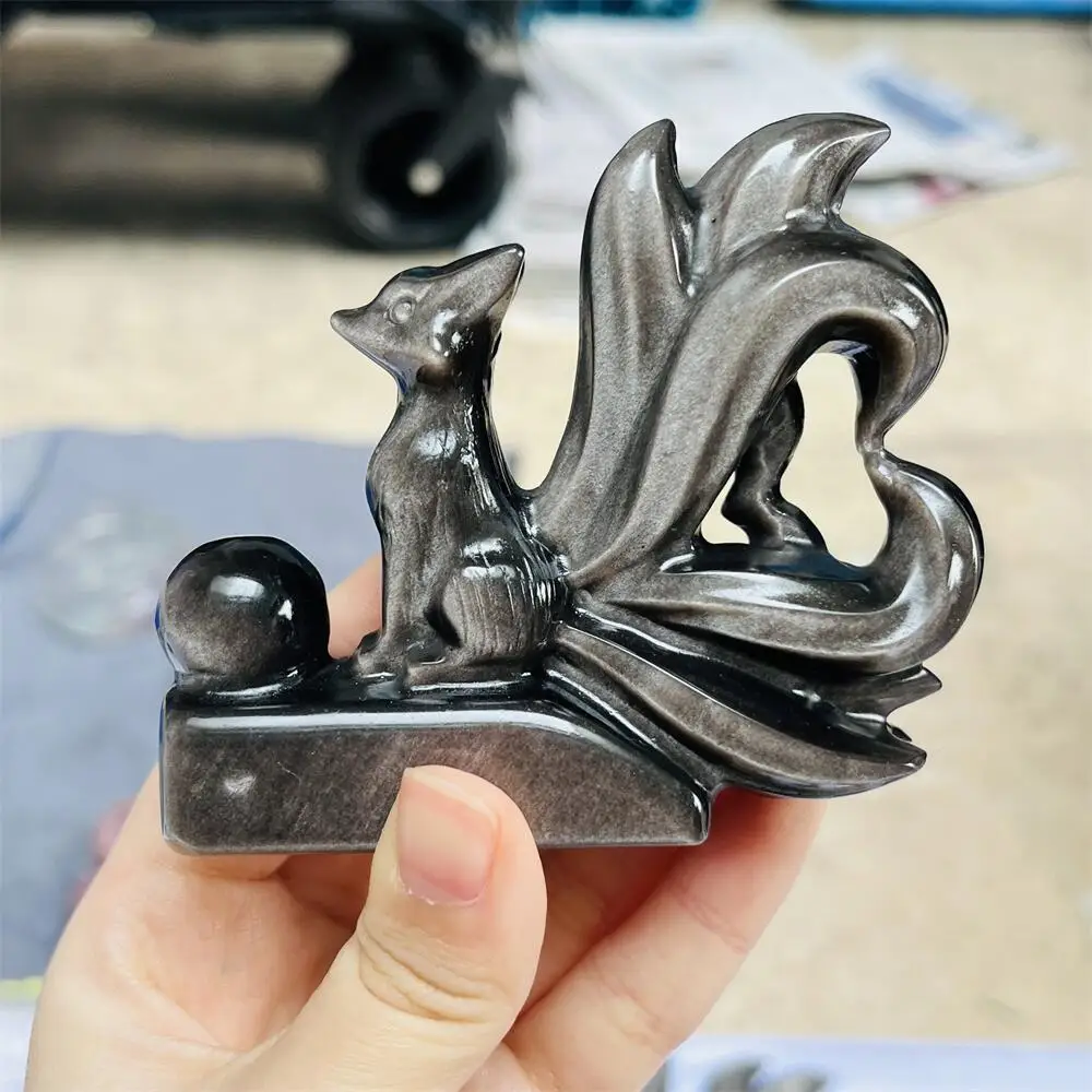 Silver Obsidian Nine-tailed Fox Animal Quartz Carving Polished Natural Healing Figurine Home Decor Animal Craft Gift
