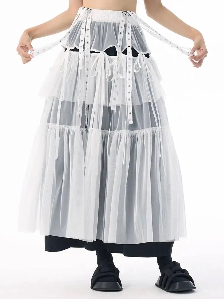 

Elastic Waist Coffee High Mesh Perspective Ribbon Strap Half-body Skirt Women Fashion New Spring Autumn 2026 1DJX8