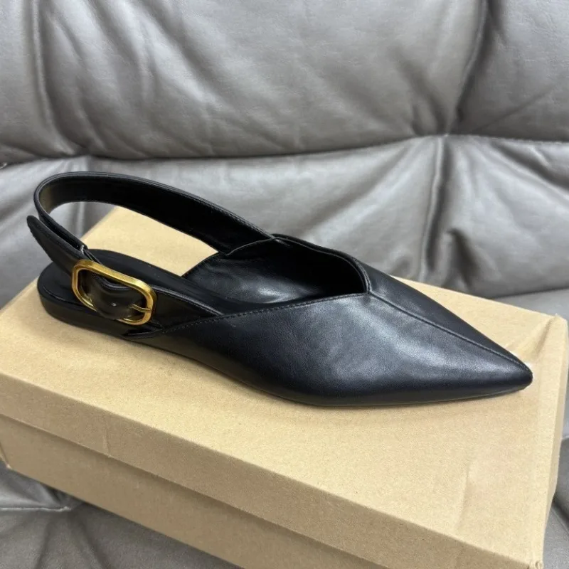 Women Black PU Slingback Flats Pointed Toe Office Shoes with Metal Buckle Comfortable Commuting Daily Wear Casual Shoes
