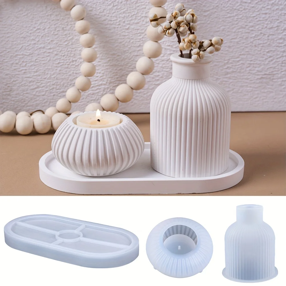 Set aus 3 ovalen Silikonformen, geeignet für Resin-Gießen und Kerzenherstellung, zum Erstellen Ihrer eigenen gestreiften Blumenvase und Kerzenplatte. – Detail 3