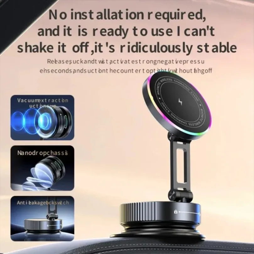 Car Magnetic Wireless Charger RGB Light  Stand Folding Vacuum Suction Cup Phone Holder For iPhone 17 16 15 14 13 12 Fast Chargin