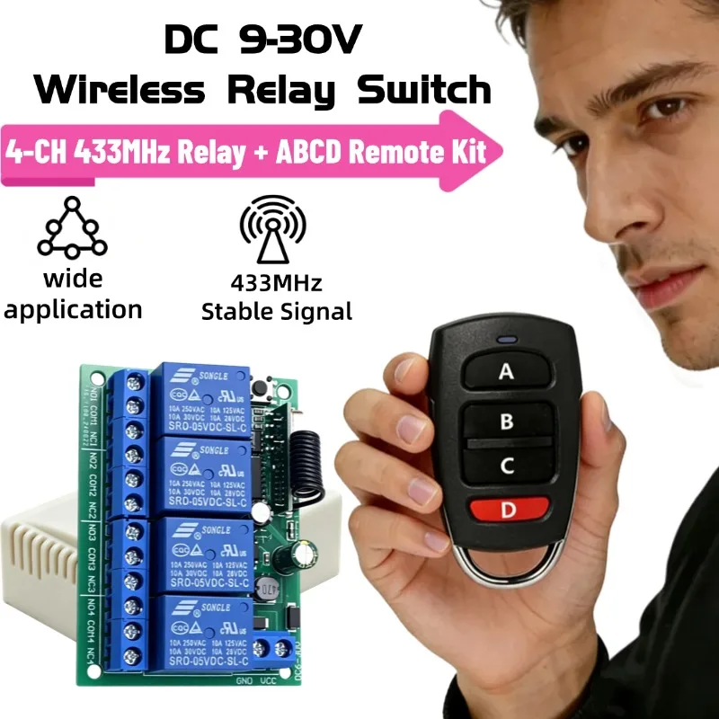DC12V 24V 4CH Relay Receiver 433MHz RF Remote Control Switch Wireless Controller for Garage Door Remote Control LED Bulb