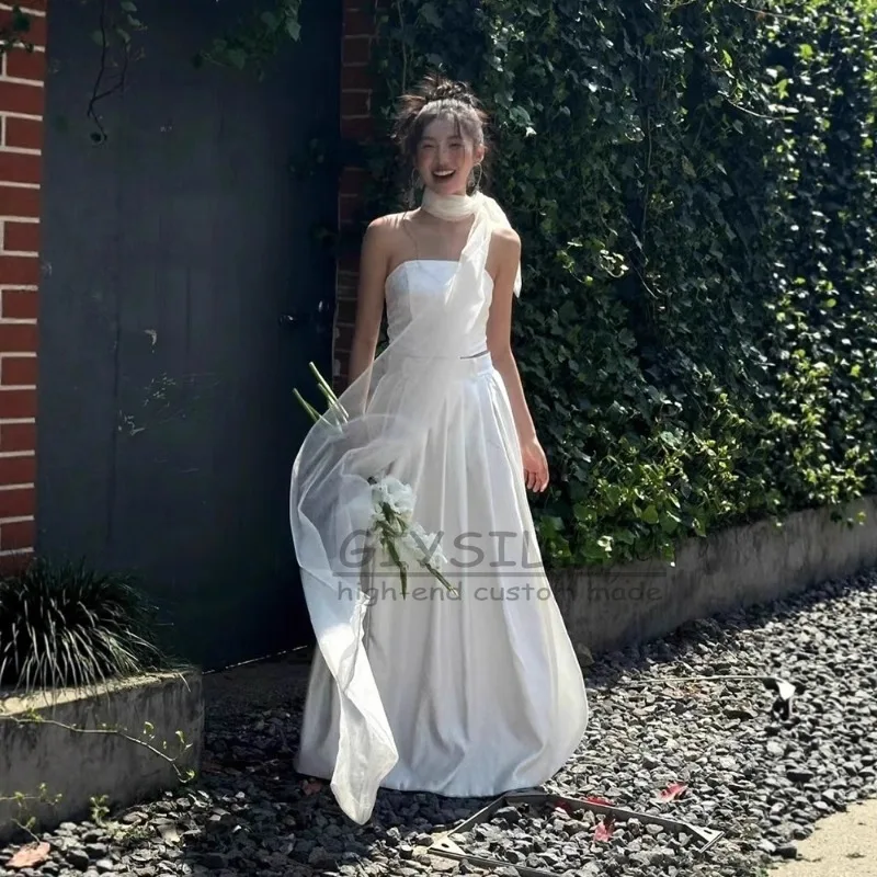 GIYSILE مخصص ثوب زفاف الضوء الأبيض 2025 موضة جديدة لواء النار مزاجه بسيط الساتان صديرية دائرية فساتين السهرة