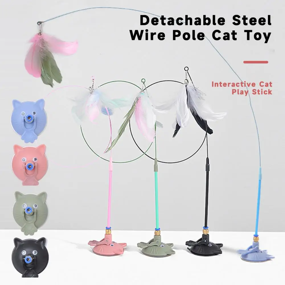 Detachable Steel Wire Pole Cat Toy Fluffy Feather Cat Toy with Detachable Teaser Wand Sucker Base Fun Kitten Play for Endless