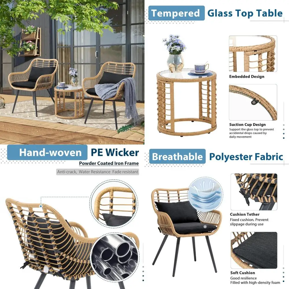 

Outdoor Patio Bistro Set with Wicker Seating, Round Glass Top Table, Enhanced Comfort for Patio Side Seating