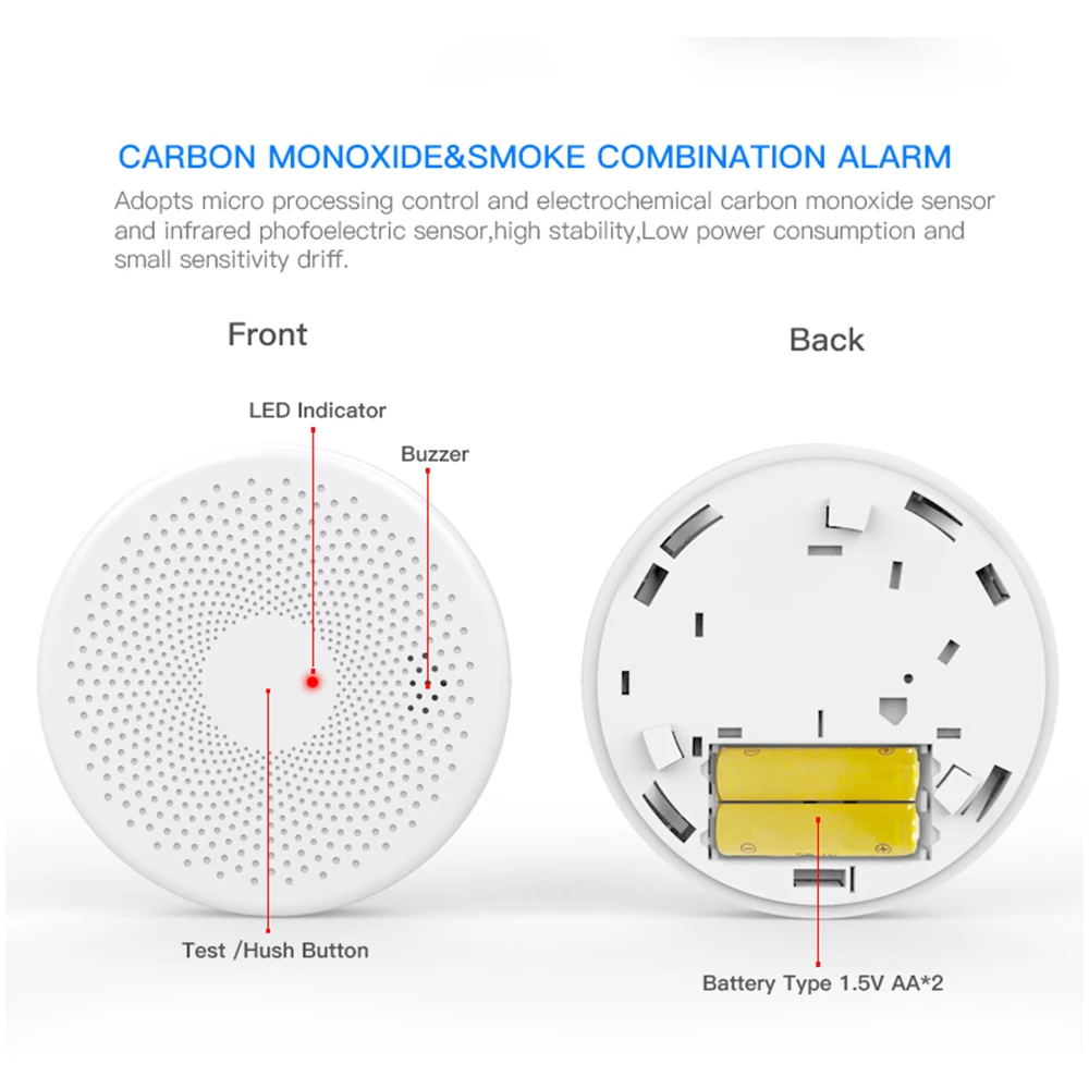 CPVAN WiFi CO & Smoke Detector Smart Home Security Protection Equipment Smoke Carbon Monoxide 2 in 1 Alarm Sensor Use Tuya App