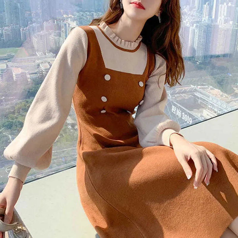 

French Style Knitted Midi Dress Women's Clothing Solid Color Autumn Winter Stylish Round Neck Fake Two Pieces A-Line Dresses New