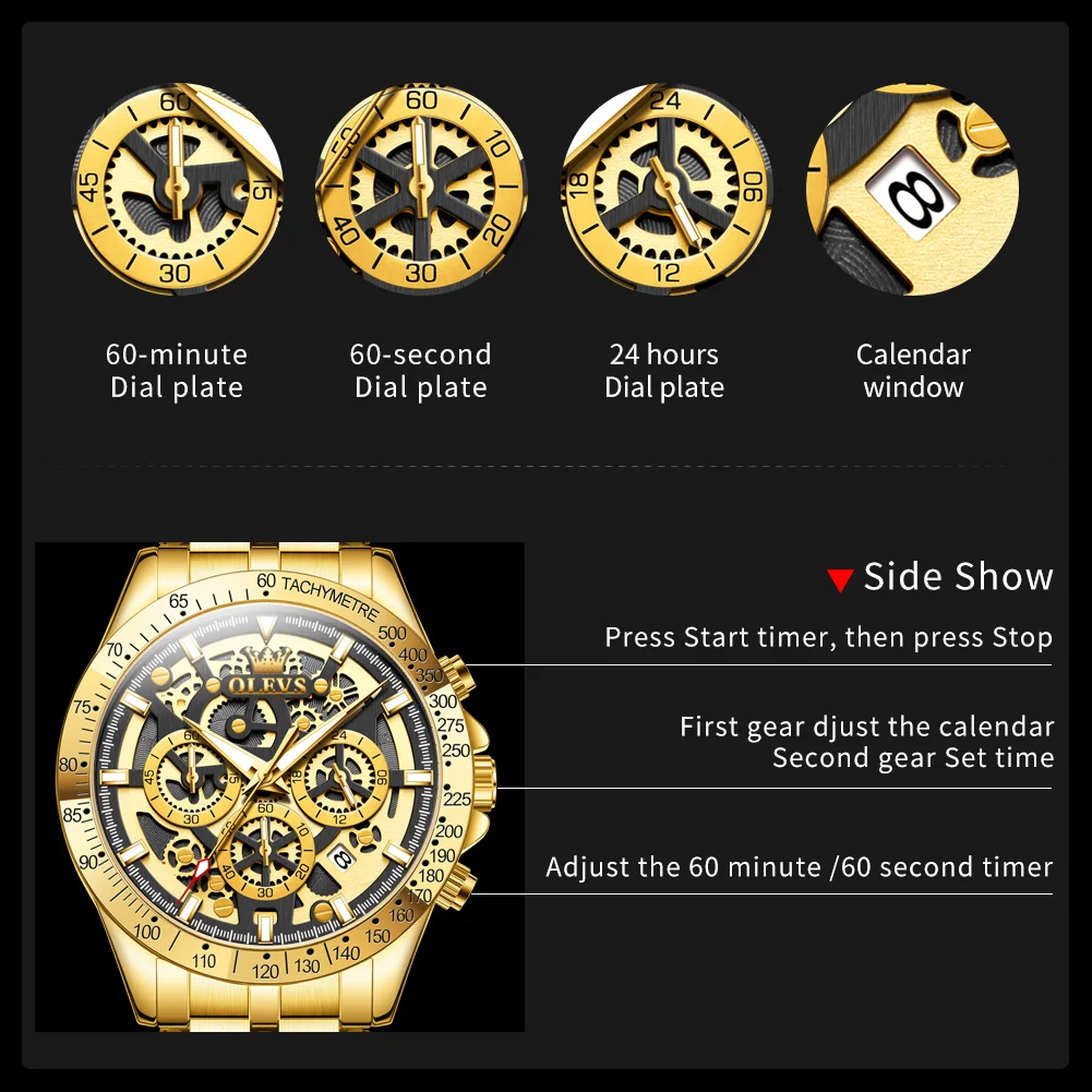 Top Brand Original OLEVS Luxury Quartz Men\'s Watches Waterproof Gold Stainless Steel Fashion Skeleton Watch for Men Business