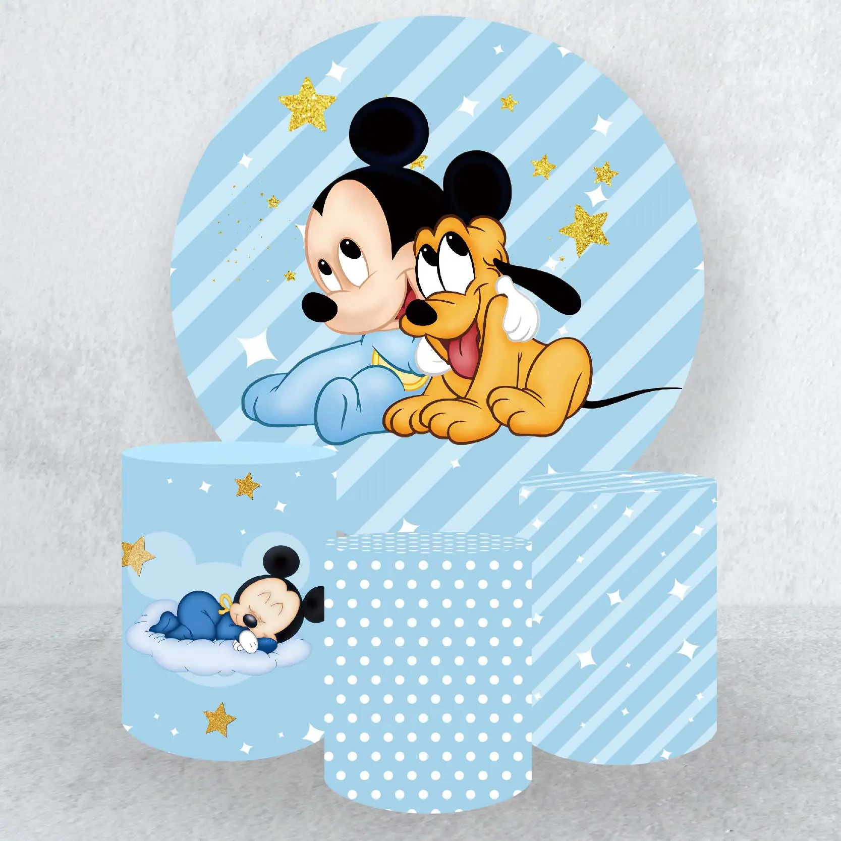 

Baby Mickey Round Cylinder Backdrop Cover for Boy Baby Shower Gender Reveal Party Supplies Photo Shooting Background Wall Decor