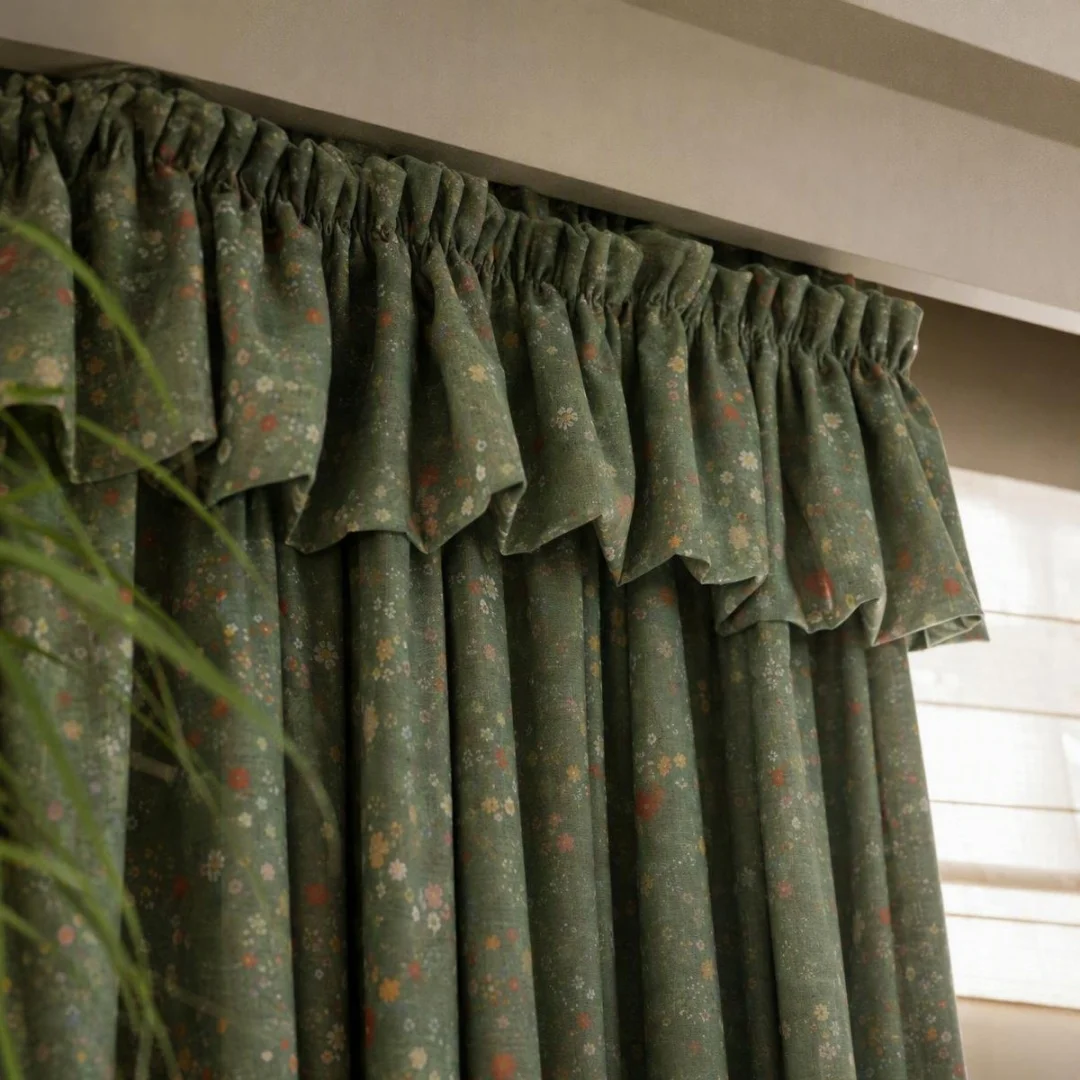 Retro Forest Green Polka Dot Blackout Curtain With Ruffle Valance for Bedroom Living Room Home Decor
