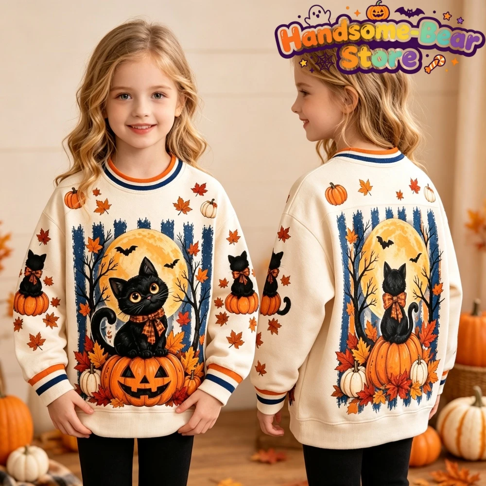 Halloween-Sweatshirts für Mädchen, Kürbis-Print, klassischer, lässiger Pullover, Kapuzenpullover, ideal für Urlaub und Ausflüge, langärmlige Kinderkleidung. – Detail 4