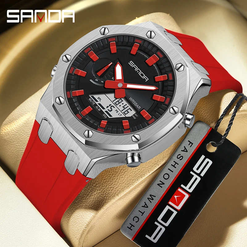 SANDA-reloj eléctrico multifunción para hombre, pulsera con alarma luminosa, resistente al agua, a prueba de golpes, tendencia de moda, novedad de 3309