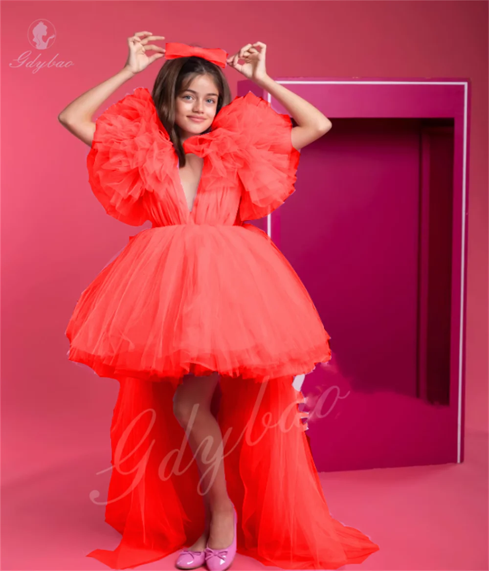 Roze asymmetrische lengte bloemenmeisjesjurk met pofmouwen voor eerste communiefeest voor kinderen, aanpasbaar, aanpasbaar