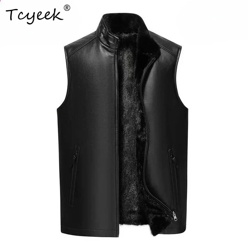 Tcyeek Calfskin Real Leather Jacket Men Natural Beimei Mink Fur Vest Man Clothes Sleeveless Winter Jacket Reversible فراء رجالي