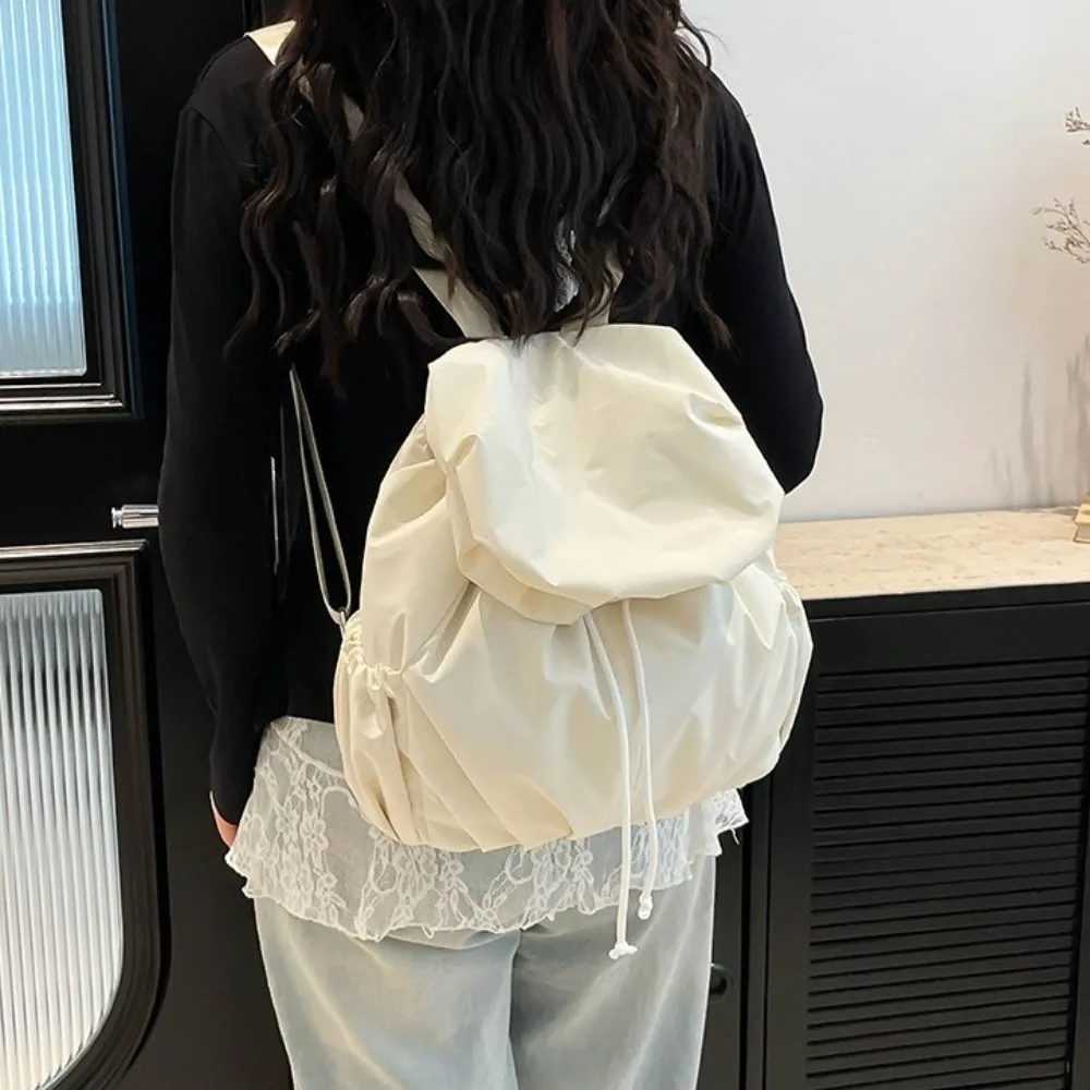 

Lightweight Solid Color Drawstring Backpack Flap Multi Functional Nylon Backpack Pleated Korean Style Sports Shoulders Bag Girls