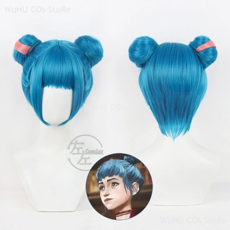 

Game LOL Arcane 2 Jinx Cosplay Wig Blue Short Wig Meatball Head Synthetic Fiber Hair For Women Halloween Party Role Play Props
