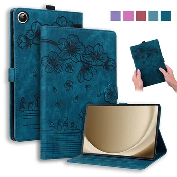 Samsung Galaxy Tab A9 Artı 11 inç Kapak Kabartma 3D Çiçek Kedi Cüzdan Standı Kapak Galaxy Tab A9 Artı A9 8.7 Kılıf